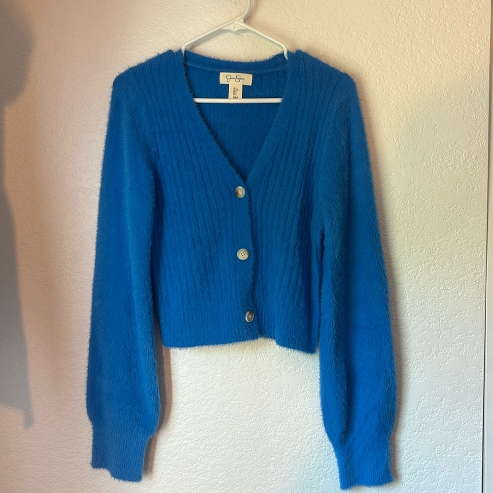 Jessica Simpson fuzzy blue cardigan